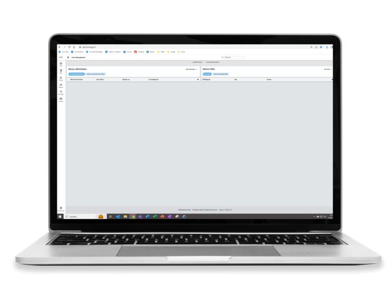 Laptop mit geöffneter Case-Management-Software. Die Benutzeroberfläche zeigt eine Übersicht mit Aktivitäten, Fällen und Navigationsmenü zur Verwaltung und Bearbeitung von Case-Management-Prozessen.
