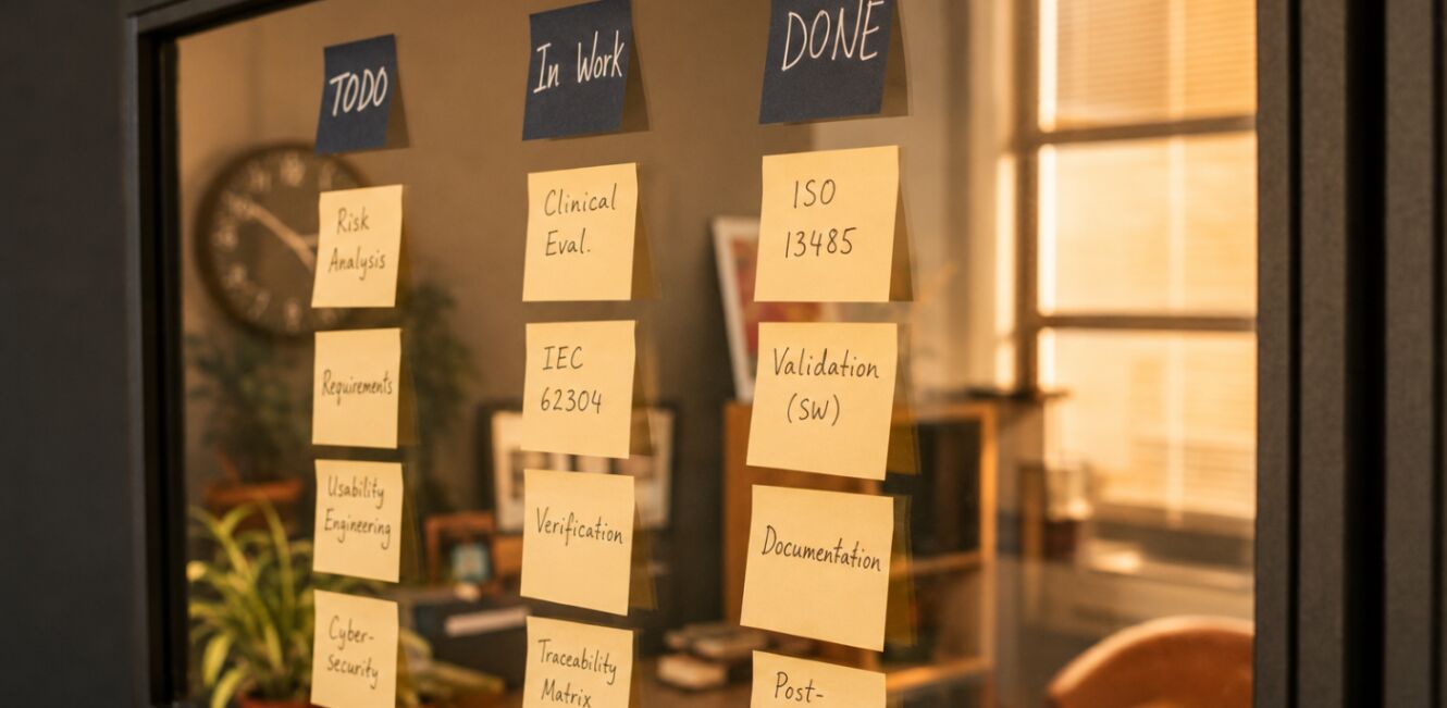 Kanban-Board mit Post-its zur Entwicklung von Software als Medizinprodukt mit Begriffen wie IEC 62304, ISO 13485 und Validation.